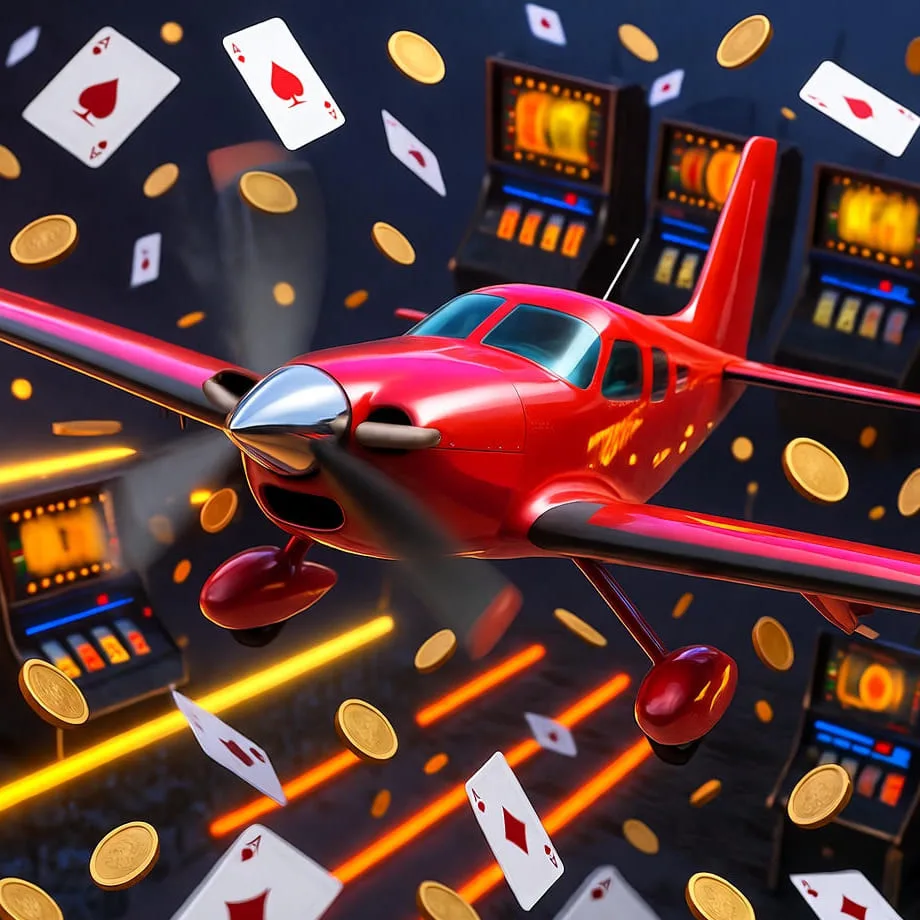 Red plane from online game Aviatir soaring among golden coins and flying playing cards near slot machines