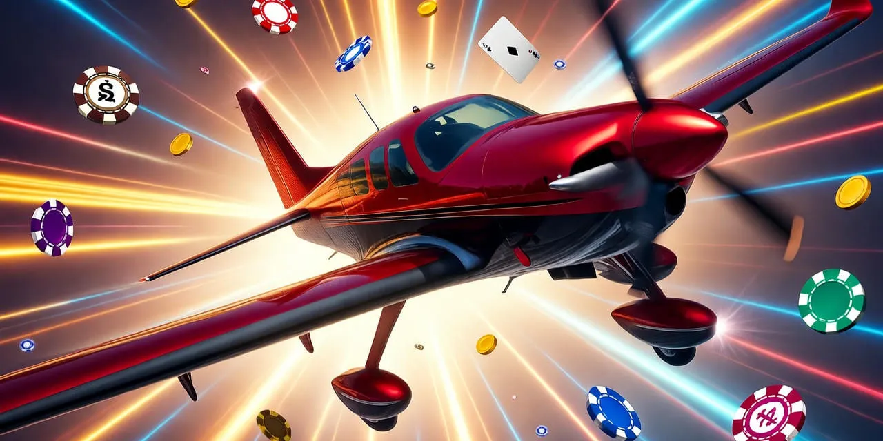 Shiny red airplane flying toward bright light surrounded by colorful poker chips and cards